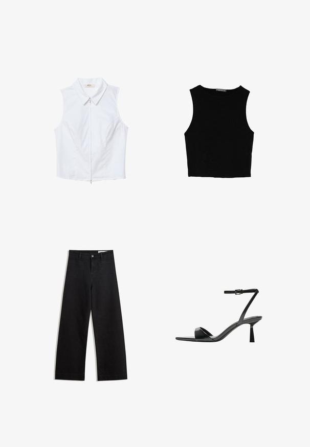Biała bezrękawnikowa bluzka z wyprofilowanym kołnierzykiem i zamkiem błyskawicznym z przodu. Tkanina jest gładka, z dopasowanym krojem i zaokrąglonymi szwami.; Czarny bezrękawnik crop top z gładkiego materiału, z okrągłym dekoltem i czystym, prostym wzornictwem, bez wzorów czy metalowych elementów.; Czarne dżinsowe spodnie o szerokich nogawkach i wysokim stanie, z przednimi i tylnymi kieszeniami, przeszyciami oraz zapięciem na guziki. Gładka struktura.; Bershka - Sandały na obcasie