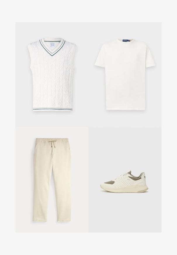 Only & Sons ONSCLAS LIFE VEST - Colete - antique white; T-shirt branco de manga curta e gola redonda com um discreto logo bordado no lado esquerdo do peito e etiqueta de marca na gola.; Calças casuais off-white com cintura elástica e cordão, pernas retas e bolsos laterais, contra um fundo liso.; Sapatilha atlética branca e bege claro, com parte superior em malha, detalhes perfurados e uma entressola texturizada com marcação no calcanhar.