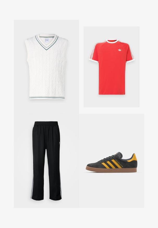 Only & Sons ONSCLAS LIFE VEST - Vest - antique white; Rød bomulls T-skjorte med hvit krage og ermer. Har et hvitt tre-stripes design på skuldrene og en liten hvit logo på brystet.; Sorte treningsbukser med elastisk midjebånd, med hvite sidestiper og en liten logo. Materialet ser mykt og lett ut.; Sort skinnesko i svart semsket skinn med gule detaljer, med tre striper og en brun gummisåle. Inkluderer en polstret tunge for komfort.