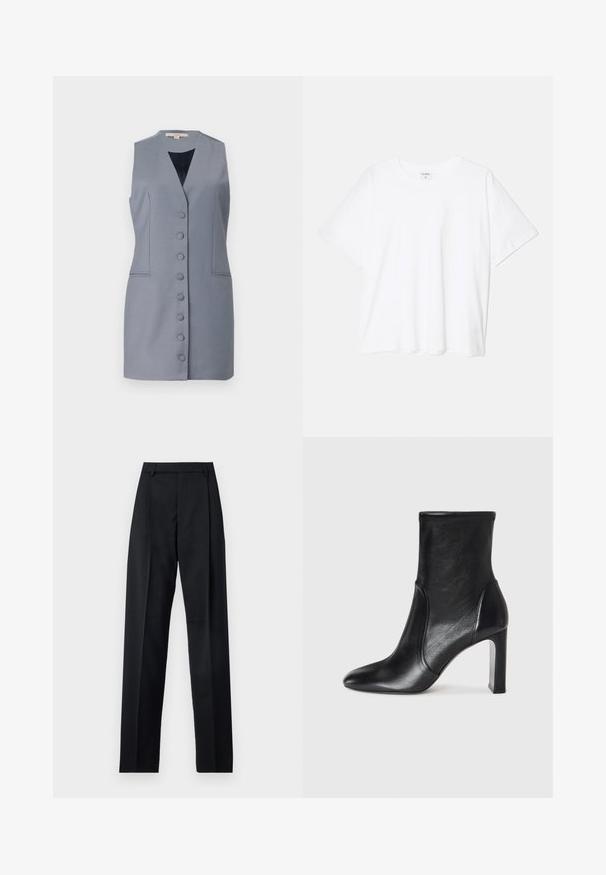 Šedé šaty bez rukávů s výstřihem do V, vybavené předním zapínáním na knoflíky, bočními kapsami a přiléhavým střihem. Vyrobeno z hladké tkaniny s jemnou strukturou.; Bílý bavlněný tričko s krátkým rukávem, kulatým výstřihem, volným střihem a šitým lemem. Nálepka viditelná na vnitřní straně výstřihu.; Černé kalhoty vyrobené z hladké tkaniny, vybavené vysokým pasem, širokými nohavicemi, předními záhyby a klasickými poutky na opasek. Nejsou viditelné boční kapsy.; Černá kožená kotníková bota s elegantním designem, špičatou špičkou a vysokým blokovým podpatkem. Vyznačuje se hladkým povrchem a minimalistickými detaily šití.