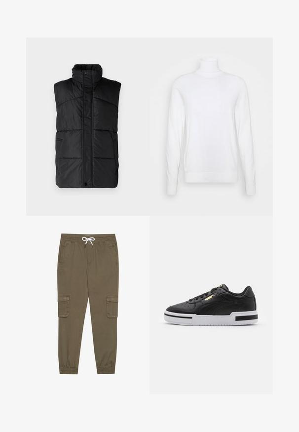 Only & Sons ONSJONAS VEST - Veste - black; Balts augstais apkakles džemperis ar garām piedurknēm, izgatavots no gludas auduma. Ievērojama pieguļošā forma un ribota apkakle un apakšmala. Nav nekādu rakstu vai akcentu.; Kaki kravas bikses ar elastīgu jostu un auklu, ar sānu kabatām un piegrieztiem potīšu galiem. Izgatavotas no teksturēta, viegla materiāla.; Melnas ādas sporta kurpes ar baltu viduspaldu, perforētu purngalu, zelta logotipa detalizāciju, mīkstu apkaklīti un kontrastējošām melnām akcentēm sānos.