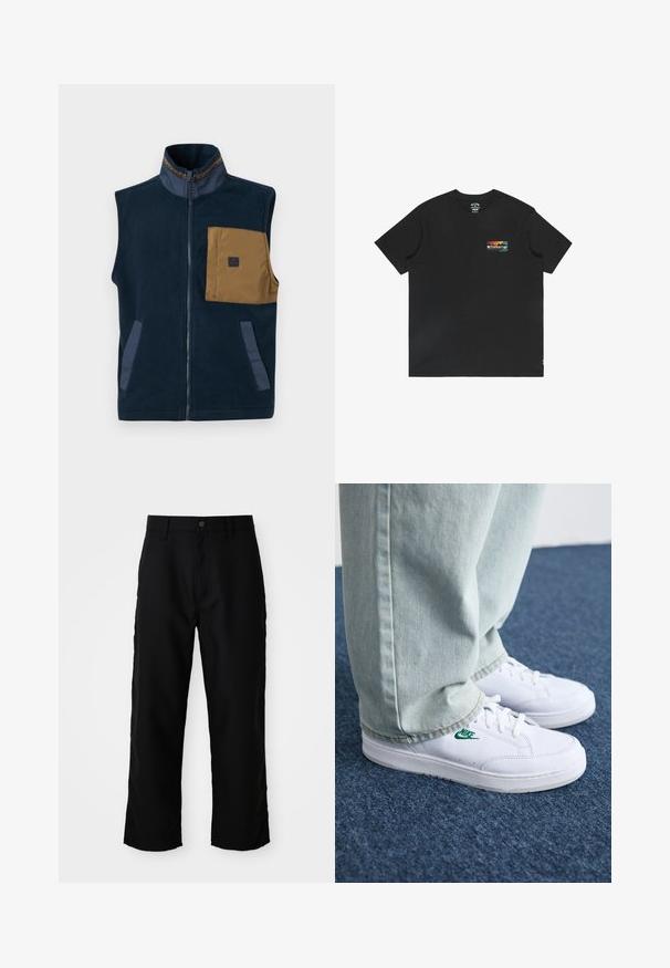 Chaleco de forro polar azul marino con un alto cuello, bolsillo en el pecho marrón y dos bolsillos laterales. Presenta acentos en azul contraste y un cierre frontal.; Camiseta de algodón negra, de cuello redondo y mangas cortas. Presenta un logotipo rectangular y colorido de Billabong en el pecho izquierdo. Textura suave.; Pantalones rectos negros con pasadores para cinturón, botón frontal y cierre de cremallera sobre un fondo claro liso.; Zapatillas de cuero blanco con logo de Nike verde, puntera redonda, suela plana, combinadas con pantalones de mezclilla azul claro, sobre una alfombra azul.