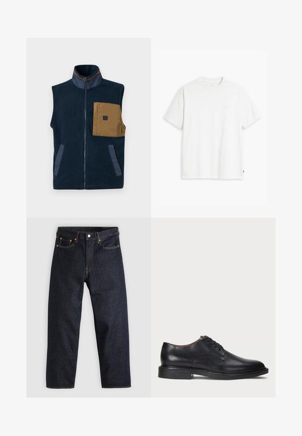 Jūras spēku stila polāra veste ar augstu apkakli, brūnu krūšu kabatu un divām sānu kabatām. Iezīmes kontrastējoši zilie akcenti un priekšējais rāvējslēdzējs.; Balta kokvilnas T-krekls ar īsām piedurknēm, apaļu kakla izgriezumu un maigi redzamu Levi's logotipu centrā. Mīksta tekstūra un standarta piegriezums.; Tumši zili džinsi ar taisnu piegriezumu, piecām kabatām, kontrastējošiem apelsīnu diegiem un ar pogu aizdari. Nav redzamu rakstu vai rotājumu.; Melnas ādas kleitu kurpes ar apaļu purngalu, auklu dizainu un zemu sakrautu papēdi. Gluda virsma ar minimālām šuvju detaļām.