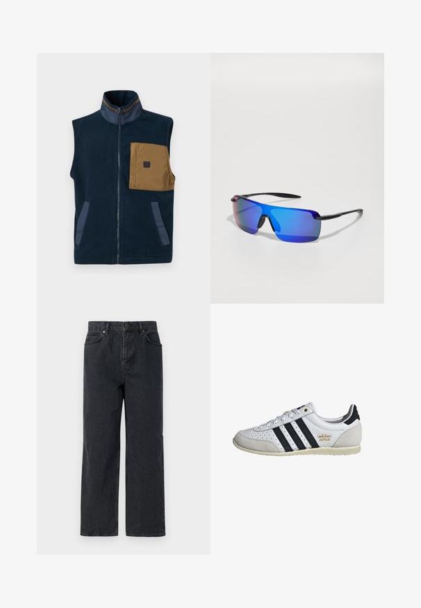 Tamsiai mėlynas vilnonis liemuo su aukštu apykakliu, rudais krūtinės kišenėmis ir dviem šoninėmis kišenėmis. Pabrėžia kontrastingos mėlynos akcentai ir priekinis užtrauktukas.; Balta medvilninė marškinėliai su trumpomis rankovėmis, apvaliu kaklu ir kairėje krūtinės pusėje esančia kišenėle, turinčia mėlyną "Patagonia" logotipą. Klasikinis siluetas su lygiu paviršiumi.; Tamsiai mėlynos džinsinės kelnės su plačiais džinsais, penkių kišenių dizainas ir mygtuko uždarymas. Įtraukti vario spalvos elementai ir subtili tekstūra.; Balti sportbačiai su juodomis juostelėmis ir auksiniu prekių ženklu. Pagaminti iš zomšos ir odos medžiagų, su perforuotu viršumi ir tekstūruotu guminiu padu.; Sportiniai saulės akiniai su juodu rėmu, mėlynais veidrodiniais objektyvais, kampuota forma ir guminiu nosies palaikymu, užtikrinančiu tvirtumą. Objektyvai turi gradientinį atspalvį.