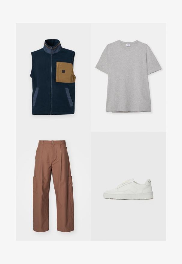 Marine fleece vest med høy krage, brun brystlomme og to sidelommer. Har kontrasterende blå detaljer og glidelås foran.; Grå kortermet T-skjorte laget av myk, teksturert stoff. Har en klassisk rund hals og en rett kant, passende for uformell bruk.; Han Kjøbenhavn TROUSERS - Bukse - brown; Hvite lærersneakers med en jevn overflate, rund tå, flate lisser og en teksturert såle. Har en subtil logo på hælen.