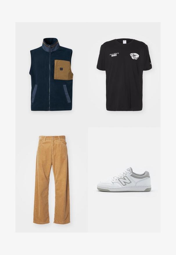Marineblauer Fleece-Westen mit hohem Kragen, braunem Brusttasche und zwei Seitentaschen. Mit kontrastierenden blauen Akzenten und einem Frontreißverschluss.; Schwarzes Baumwoll-T-Shirt mit kurzen Ärmeln und Rundhalsausschnitt, mit weißen "Champion"-Logo und Schriftzügen auf der Vorderseite und dem Ärmel.; Corduroy-Hosen mit weitem Bein in einer beige Farbe. Mit strukturierten, vertikalen Rillen, einem Standardbund und zwei vorderen Taschen ausgestattet.; Weiße Ledersneakers mit grauen Akzenten, ausgestattet mit einem perforierten Zehenbereich, flachen Schnürsenkeln und einer gemusterten Sohle. New Balance-Logo an der Seite.