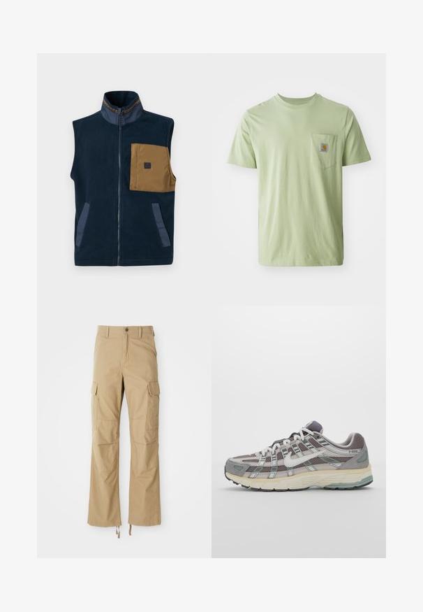 Sötétkék bolyhos mellény magas gallérral, barna mellzsebbe és két oldalsó zsebbe. Kontrasztos kék díszítésekkel és elöl cipzárral rendelkezik.; Világoszöld, rövid ujjú póló, puha anyagból készült, mellzsebében négyzet alakú logóval. Egyszerű, díszítetlen dizájn.; Tartós szövetből készült khaki cargo nadrág, több oldalsó zsebbel, egyenes lábbal és állítható húzózsinórral az alján.; Szürke sportcipő, hálós és velúr felsőrésszel, fehér részletekkel, párnázott talppal és jellegzetes dizájnnal, amely visszaverő elemeket tartalmaz.