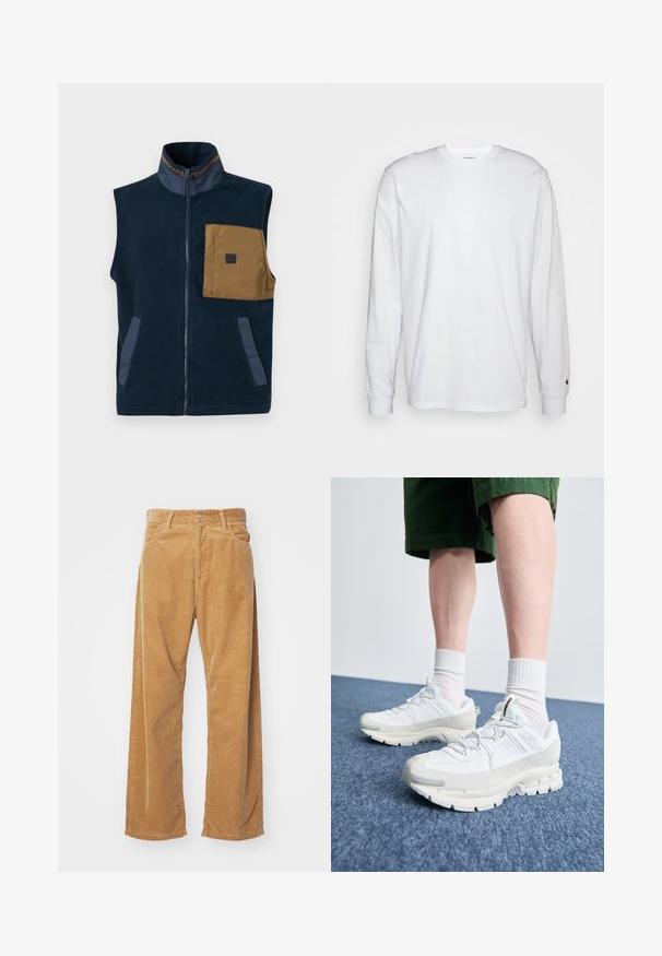 Tumes sinine fliistekeldiga vest kõrge kraega, pruun rinnanokk ja kaks küljetaskut. Omab kontrastset sinist detaili ja esist zipperit.; Valge pika varrukaga T-särk, mis on valmistatud puuvillast. Ümmargune kaelus, ribaga mansetid ja väike logo vasakul varrukal. Sile tekstuur.; Karedžvõrkudega laiade jalgade püksid beežikas värvuses. Omab tekstuuriga vertikaalseid triibusid, tavalist vöökohta ja kahte esipoolt taskut.; Valged sportsijalatsid tekstuursete pealsete, kopsaka tallaga ja hallide aktsentidega. Kanda valgete lühikeste sokkidega ja roheliste lühikeste pükstega sinisel pinnal.