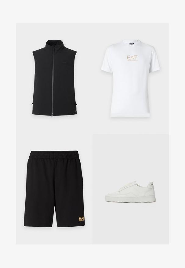 Black sleeveless vest with high collar and front zipper, made from smooth fabric, displayed against a plain white background.; White cotton t-shirt featuring a round neckline and short sleeves, with a gold EA7 Emporio Armani logo printed on the front.; Black athletic shorts made of soft fabric,Featuring an elastic waistband and a small yellow EA7 logo on the lower left leg.; White leather sneaker with a smooth finish, round toe, flat laces, and a textured sole. Features a subtle logo on the heel.