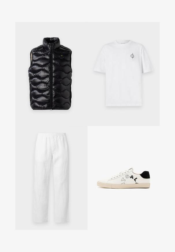 Colete puffer preto com gola alta, fecho de correr e padrão acolchoado texturizado. Apresenta um pequeno logótipo no peito e design sem mangas.; Camisa de algodão branca com um corte relaxado, apresentando um pequeno logótipo gráfico preto na área do peito esquerdo. Mangas curtas, estilo de gola redonda.; Calças de linho branco com cintura elástica, corte reto e textura suave, sem padrões visíveis ou detalhes de ferragens.; Sapatilha de couro branco com detalhes pretos no calcanhar, apresentando letras pretas ousadas de lado e uma sola de borracha. Design minimalista.