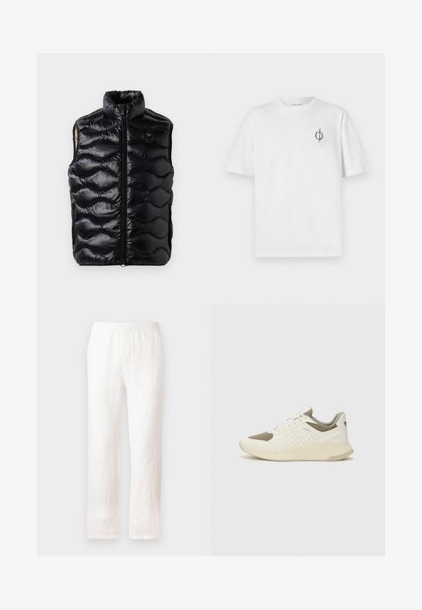 Juodas pūkinis liemenė su aukštu apykakle, užtrauktuku ir tekstūruotu siuvinėjimu. Ant krūtinės yra mažas logotipas, o dizainas be rankovių.; Balta medvilninė marškinė su laisvu siluetu, su mažą juodą grafiką logotipą kairėje krūtinės pusėje. Trumpomis rankovėmis, apvaliu kaklu.; Baltos lininės kelnių su elastine juosta, tiesaus kirpimo dizainas ir šiek tiek tekstūruota medžiaga. Be raštų ar papildomų detalių.; Baltas ir šviesiai bežinis sportinis kedas, su tinklo viršumi, perforuotais detalėmis ir tekstūruotu tarpine su logotipu ant kulno.