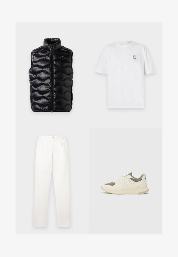 Melnā pūkaina veste ar augstu apkakli, rāvējslēdzēja aizdari un teksturētu quiltēšanas rakstu. Iespējas mazs logo uz krūtīm un bez piedurknēm.; Bāla kokvilnas t-kreklu ar brīvu piegulšanu, kuram uz kreisā krūšu apvidus ir neliels melns grafiskais logotips. Īsas piedurknes, apaļas kakla izgriezums.; Baltas bikses, izgatavotas no gludas auduma, ar taisnu kāju dizainu, priekšējiem krokām un vienu pogu aizdari jostasvietā.; Baltas un gaiši bež sporta apavi, ar sieta augšdaļu, perforētiem detaļām un teksturētu vidusdaļu ar zīmolu uz papēža.