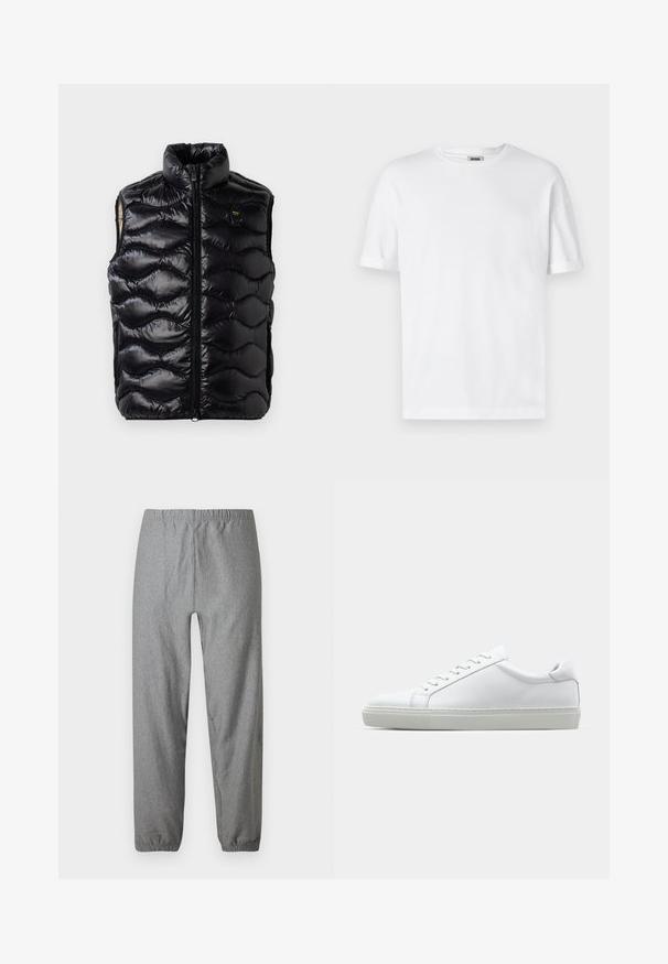 Czarna kamizelka puchowa z wysokim kołnierzem, zamkiem błyskawicznym i teksturowanym pikowaniem. Posiada małe logo na klatce piersiowej oraz bezrękawnik.; Biała bawełniana koszulka z okrągłym dekoltem, krótkimi rękawami i podwiniętymi mankietami; prosty design, miękka tekstura i prosty krój.; Szare, lekkie spodnie z elastycznym pasem, lekko zwężanymi nogawkami oraz elastycznymi ściągaczami. Gładka faktura z subtelnym wzorem.; Białe sneakersy z gładką skórzaną cholewką i niskim profilem. Posiadają okrągły nos, sześć dziurek na sznurówki oraz teksturowaną gumową podeszwę.