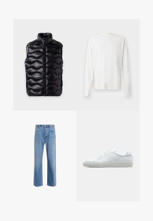 Black puffer vest with a high collar, zip closure, and textured quilted pattern. Features a small logo on the chest and sleeveless design.; Long-sleeved white cotton shirt with a round neckline, side slits at the bottom, and a smooth texture, displayed from the back.; Light blue denim jeans with a straight-leg design, five pockets, button closure, minimal fading, and contrasting stitching details.; White sneaker with a smooth leather upper and a low profile. Features a rounded toe, six eyelets, and a textured rubber sole.