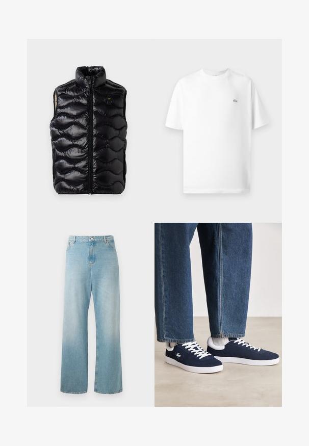 Juodas pūkinis liemenė su aukštu apykakle, užtrauktuku ir tekstūruotu siuvinėjimu. Ant krūtinės yra mažas logotipas, o dizainas be rankovių.; Balta medvilninė marškinėlių su apvaliu kaklu ir trumpomis rankovėmis. Yra mažas juodas Lacoste logotipas kairėje krūtinės pusėje.; Šviesiai mėlyni plataus kirpimo džinsai, pagaminti iš džinsinio audinio. Ypatingas aukštas liemuo, priekinės kišenės ir švarus apdailos kraštas. Minkšta tekstūra su išblukusiu paviršiumi.; Mėlyni drobės sportbačiai su baltais raišteliais ir guminiais padais, išdėstyti su džinsiniais kelnėmis ir pilkais briaunotais kojiniais, šviesiai pilkame paviršiuje.