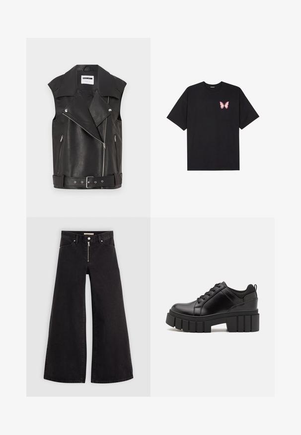 Colete de couro preto sem mangas com colarinho notched, fecho em zíper diagonal na parte da frente, dois bolsos laterais com zíper e uma cintura com cinto. A textura parece suave.; T-shirt de algodão preto com mangas curtas, apresentando um pequeno gráfico de borboleta rosa no lado esquerdo do peito. Design de gola redonda com um corte solto.; Calças de ganga de perna larga em denim preto com fecho éclair à frente, design de cinco bolsos e detalhes de costura subtil. Textura suave e estilo casual.; Sapatos de plataforma em couro preto com um salto bloco robusto, bico redondo e design clássico de atacadores. Apresentam uma textura suave e detalhes mínimos.