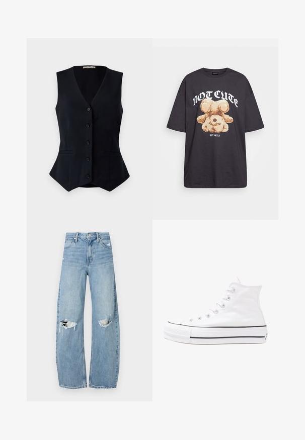 Črna brezrokavnica z V-izrezom, pet gumbov spredaj in dvema stranskima žepoma; prilagojen kroj z rahlim razširitvijo na robu.; Črna oversized majica s kratkimi rokavi, na kateri je grafika medveda z besedilom „NI SRČKAN VKLJUČNO Z DIVJIM“ v poudarjenem belem tisku. Material: bombaž.; Svijetloplave traperice visoki struk. Imaju široke nogavice, dva poderana područja na koljenima i klasičan petotoksi stil.; Beli visoki platneni športni čevelj z črnim gumijastim podplatom, sprednjim gumijastim zaščitnikom za prste in šestimi luknjicami za vezalke, ki se ponaša s preprostim, minimalističnim dizajnom.