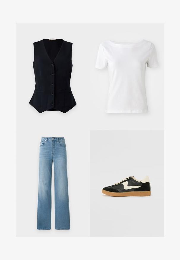 Musta, hihaton liivi, jossa on V-mallinen kaula-aukko, viisi nappia edessä ja kaksi sivutaskua; muotoiltu malli, jossa on hieman levenevä helma.; Valkoinen lyhythihainen T-paita, joka on valmistettu puuvillasta, veneenauhalla ja sileällä tekstuurilla. Yksinkertainen ja koristamaton muotoilu.; Vaaleansiniset korkeavyötäröiset farkut suoranlahkeisella muotoilulla. Valmistettu denimistä, jossa on viisi taskua ja napitus.; Mustat mokka- ja nahkakengät, joissa on kermaisen valkoinen sivupainatus ja vaalea kermaisine kantapää. Varustettu beigeillä nauhoilla ja kumista valmistetulla ulkopohjalla.