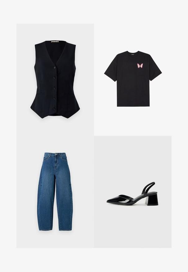 Sort, ærmeløs vest med v-halsudskæring, fem knapper foran og to sidelommer; skræddersyet pasform med en let slids i kanten.; Sort bomulds T-shirt med korte ærmer, prydet med en lille pink sommerfugl grafik på venstre bryst. Rund hals design med en afslappet pasform.; Denimjeans i en mellemblå vask, med højt liv, bred benpasform og standard fem-lomme design med synlige stikninger.; Sorte patentlæder slingback hæle med spids tå og en geometrisk blok hæl. Har et elegant, minimalistisk design og en glat tekstur.