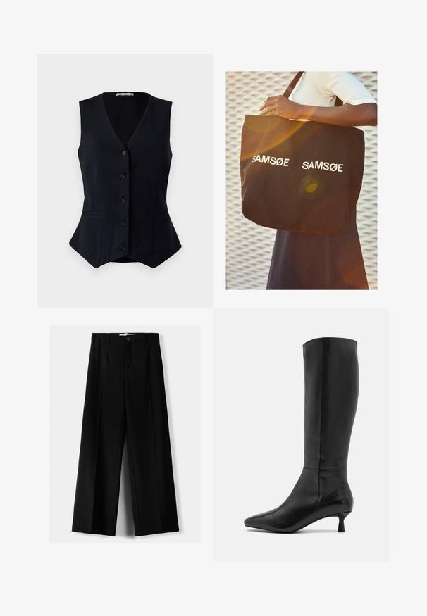 Vest negru fără mâneci, cu decolteu în V, cinci nasturi pe față și două buzunare laterale; croit pe măsură, cu o ușoară evazare la tiv.; Top cropped negru cu manșete scurte, decolteu rotund și textură de țesătură netedă, având un design simplu, fără modele sau ornamente.; Pantaloni negri cu picior larg, fabricați dintr-un material ușor, cu închidere frontală cu nasture și față plată, având tivuri cusute cu atenție.; Zign Cizme - black; Geantă de umăr neagră din canvas, cu text alb "SAM SøE" imprimat pe ambele părți. Formă rectangulară cu mânere robuste și un finisaj mat.