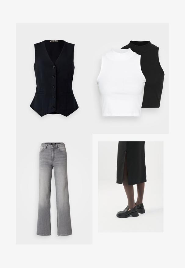 Černá bezrukávová vesta s výstřihem do V, pěti knoflíky vpředu a dvěma bočními kapsami; přiléhavý střih s mírným rozšířením na spodním lemu.; Dvě bezrukávové halenky s ribovým stojáčkem v černé a bílé barvě, které mají přiléhavý střih a hladkou texturu, s krácenou délkou.; Džíny z šedého denimu s vysokým pasem a rovnými nohavicemi, předním zapínáním na knoflík a zip, předními a zadními kapsami, a vybledlým stínováním na stehnech a lýtkách.; Černé kožené boty s kulatou špičkou, silným blokovým podpatkem a elastickými bočními akcenty, spárované s tmavými punčochami a černou sukní se rozparkem.