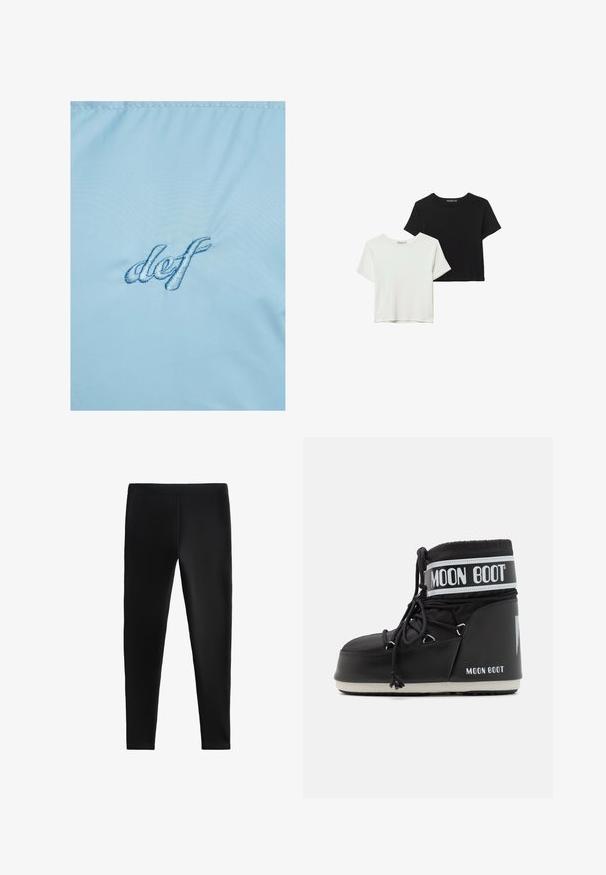 Svijetloplava tkanina s izvezenim tekstom "def" u tamnoplavoj boji. Materijal ima gladak, blago sjajan teksturu s suptilnim odsjajem.; Dva kratka rukava majice, jedna crna i jedna bijela, napravljene od mekog pamuka. Obje imaju okrugli izrez i opuštenu siluetu.; Crne tajice od rastezljivog materijala, s prilagođenim dizajnom bez vidljivih šavova ili džepova, prikladne za različite aktivnosti.; Crne Moon Boots s podstavljenim gornjim dijelom, učvršćene vezicama i posebnom bijelom trakom s logotipom. Debeli, teksturirani gumeni potplat.