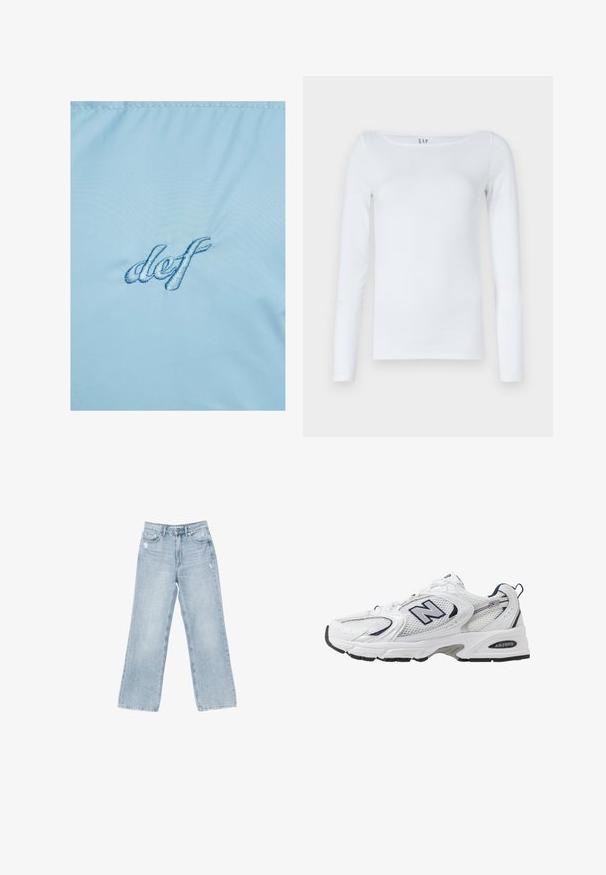 Lys blå stof med broderet tekst "def" i mørkere blå. Materialet har en glat, let glansfuld overflade med en subtil glans.; Hvid langærmet skjorte lavet af bomuldsblanding, med en rund halsudskæring og et slankt snit. Ingen synlige mønstre eller detaljer.; Lyseblå denimjeans med bred benåbning, slidte detaljer, fem-lomme design og lynlåslukning.; Hvide sportsko med netoverdel, marineblå detaljer og polstret sål. Har "N" logo, snørebånd og struktureret detalje på siden.