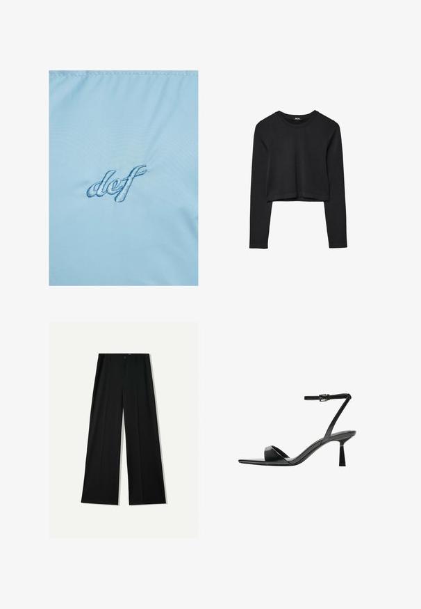 Lys blå stof med broderet tekst "def" i mørkere blå. Materialet har en glat, let glansfuld overflade med en subtil glans.; Sort langærmet cropped top med rund halsudskæring, ensfarvet design og let buet kant.; Bershka WIDE - Bukser - black; Bershka Højhælede sandaletter / Højhælede sandaler - black