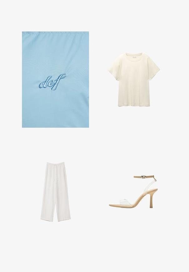 Vaaleansininen kangas, jossa on tummansinisellä brodeerattu teksti "def". Materiaalilla on sileä, hieman kiiltävä rakenne, jossa on herkkä kiilto.; Vaaleanbeige lyhythihainen t-paita, jossa on pyöreä kaula-aukko, valmistettu pehmeästä ja sileästä kankaasta. Ominaisuuksina rento mitta ja suora helma.; Valkoiset leveälahkeiset housut kevyestä kankaasta. Ominaisuuksiin kuuluu elastinen vyötärö, jossa on nauhakuuluma ja sivutaskut. Sileä rakenne.; Kirkas korkokenkä läpinäkyvällä varrella, beigellä pohjalla ja hoikalla nilkkahihnalla. Ominaisuuksiin kuuluu terävä kärki ja ohut korkea korko.