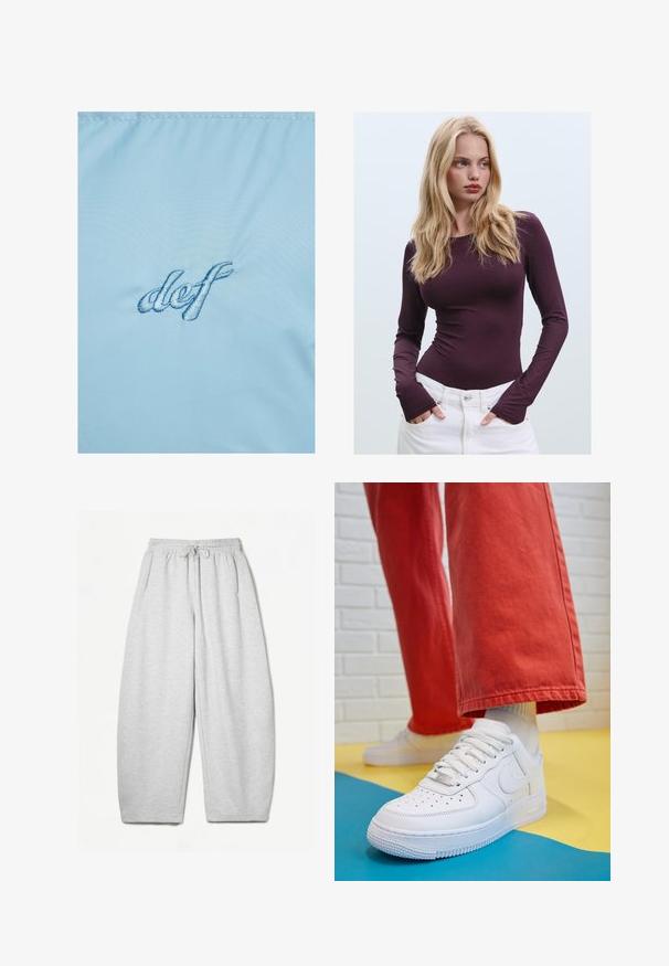 Helle blaue Stoff mit gesticktem Text "def" in dunklerem Blau. Das Material hat eine glatte, leicht glänzende Textur mit einem subtilen Schimmer.; Burgunderfarbenes, langärmeliges, tailliertes Oberteil mit Rundhalsausschnitt und Daumenschlitzen, kombiniert mit weißen hochtaillierten Hosen. Glatter Stoff und elastische Textur.; Hellgraue Sweatpants mit entspannter Passform, elastischem Bund, Kordelzug und seitlichen Taschen; aus weichem, strukturiertem Stoff gefertigt.; Weiße Leder-Sneaker mit perforiertem Zehenbereich, strukturiertem Sohlen und weißen Schnürsenkeln, kombiniert mit weiten roten Hosen und einem blauen und gelben Hintergrund.