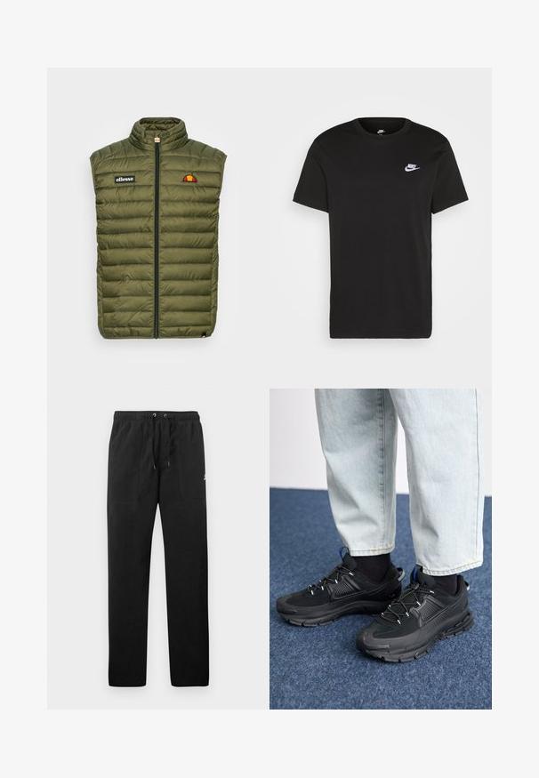 Colete acolchoado sem mangas em verde oliva, com um colarinho alto, fecho frontal, logotipo em patch e padrões de acolchoado horizontais.; T-shirt de algodão preto com mangas curtas, decote redondo e um pequeno logótipo da Nike em branco no canto superior esquerdo do peito. Textura suave. Ajuste clássico.; Calças de fato de treino pretas feitas de polar, com uma cintura elástica e cordões, dois bolsos frontais e um pequeno logótipo na coxa.; Sapatilhas desportivas pretas com tecido texturizado e solas em borracha, apresentando atacadores elásticos e um detalhe azul no calcanhar. Usadas com calças de ganga claras.