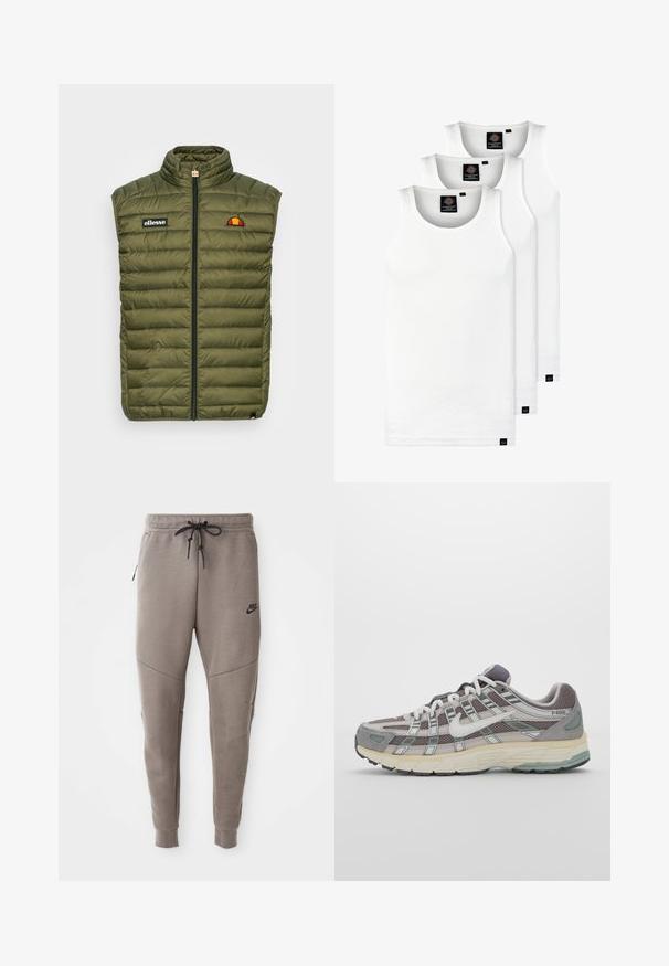 Gilet imbottito senza maniche in verde oliva, con colletto alto, zip frontale, patch con logo e motivi trapuntati orizzontali.; Tre canotte bianche a coste in cotone. Presentano un colletto rotondo e piccole etichette nere vicino all'orlo. Disponibile in diverse taglie.; Pantaloni sportivi Nike grigi con cintura regolabile, gambe affusolate, tasche laterali e dettagli di cucitura distintivi. Tessuto morbido e texture.; Scarpa sportiva grigia con tomaia in mesh e suede, dettagli bianchi, suola ammortizzata e un design distintivo con elementi riflettenti.