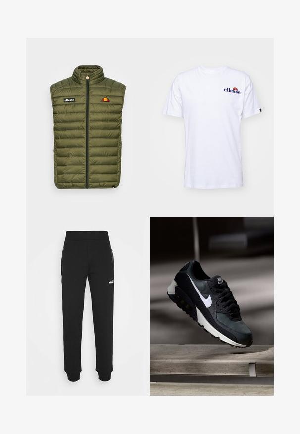 Chaleco acolchado sin mangas en verde olivo, con cuello alto, cremallera frontal, parche con logo y patrones de acolchado horizontales.; Camiseta de algodón blanca de mangas cortas, con un logo bordado en azul marino en el lado izquierdo del pecho y un acento de color vibrante por encima del logo.; Pantalones de chándal negros hechos de una tela suave que cuentan con un diseño de pierna ajustada, cintura elástica, bolsillos laterales con cremalleras y un pequeño logo de acento.; Zapatilla negra y verde con una parte superior de malla con diseño, logotipo Swoosh blanco, cuello acolchado y una unidad de amortiguación de aire visible en la suela.