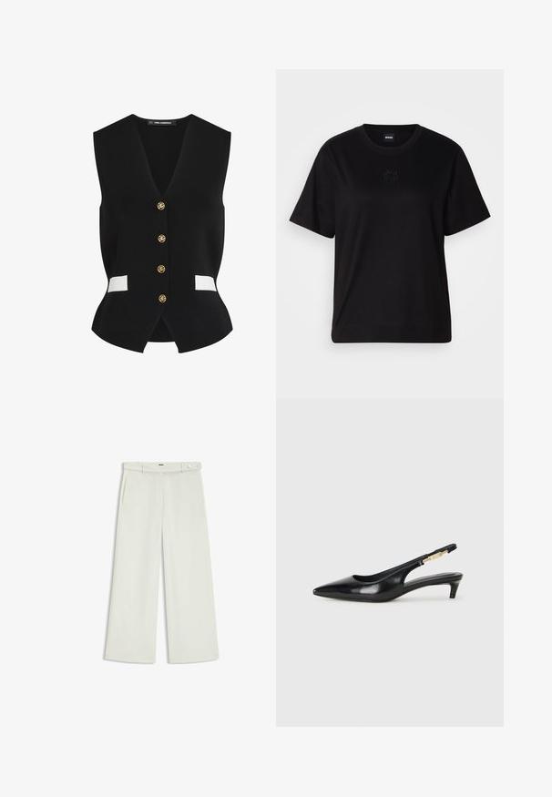 Svart stickad väst med V-ringning, som har fem guldknappar och vita detaljer på framfickorna. Slät textur och figurnära design.; Svart bomullströja med rund halsringning, korta ärmar och en broderad logotyp på bröstet. Enkel, avslappnad passform utan mönster.; Vita byxor i ljus krämig tyg, med sidofickor, platt fram och en enda knappstängning vid midjan. Slät struktur.; Svart läder slingback-hälar med spetsig tå, med en smal klack och en guldtonad detalj på den justerbara remmen. Slät textur.