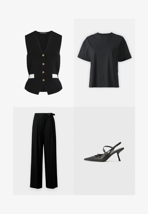 Crni pleteni prsluk s V-izrezom, s pet zlatnih dugmadi i bijelim detaljima na prednjim džepovima. Glatka tekstura i prilagodljiv dizajn.; Crna pamučna majica kratkih rukava s opuštenim krojem i kontrastnim bočnim panelom koji sadrži sitan tekst i detalje dizajna.; Crne široke hlače s visokim strukom, nabranima sprijeda i remenom s kopčom. Izrađene od glatkog, laganog materijala.; Crne kožne štikle sa otvorenom petom, s uskim vrhom i dekorativnom kopčom na gornjem dijelu. Glatka tekstura i elegantan dizajn.