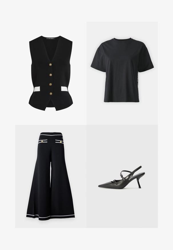Melnā adītā veste ar V-veida kakla izgriezumu, piecas zelta pogas un baltas akcenti priekšējās kabatās. Gluda tekstūra un pieguļošs dizains.; Melna īsām piedurknēm kokvilnas t-kreklu ar brīvu piegriezumu un kontrastējošu sānu paneli, kas satur nelielu tekstu un dizaina detaļas.; Melnas platas bikses ar baltām apmalēm, kurām ir zelta pogu detaļas aizmugurējos kabatās un gluda, teksturēta auduma apdare.; Melnas ādas slingback papēži ar norādītu purngalu, izsmalcinātu papēdi un dekoratīvu sprādzi uz priekšpuses. Gluda tekstūra un elegants dizains.
