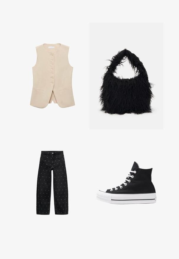 Beige mouwloze vest met een rechte snit, vijf knopen aan de voorkant en twee zijzakken. Gladde stof met minimale textuur.; Witte cropped blouse met opstaande korte mouwen en elastische ruches bij de hals, taille en mouwboorden.; Zwarte denim wide-leg jeans met een patroon van kleine zilveren oogjes, met een klassieke vijf-pocket design en een knoopsluiting aan de voorkant.; Hoge zwarte canvas sneaker met witte oogjes, veters en rubberen zool. Beschikt over een gestructureerde neuskap en zwart-witte streepaccenten.; Even&Odd Shopper - black