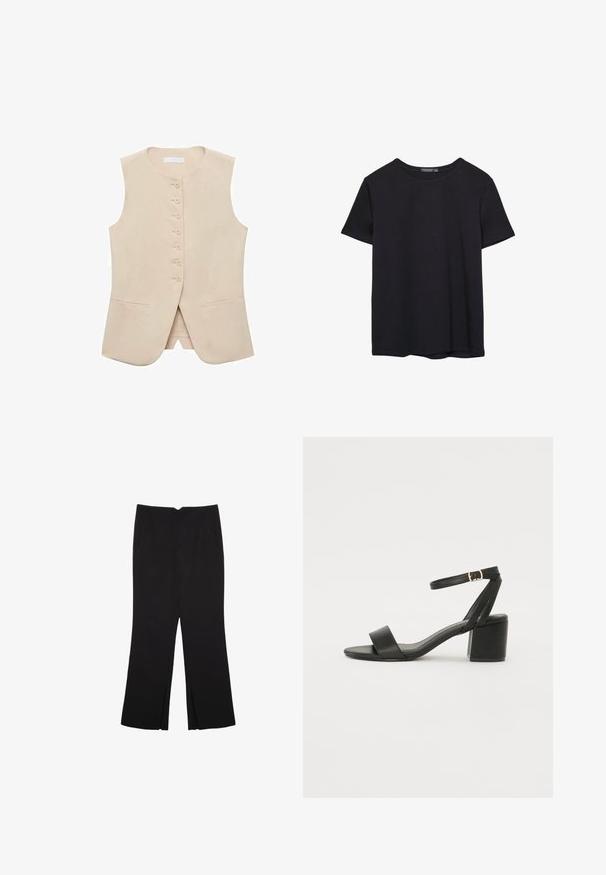 Beige sleeveless vest with a straight cut, five button front, and two side pockets. Smooth fabric with minimal texture.; Plain short-sleeve black cotton T-shirt with crew neck, displayed on a white background.; Black trousers with a straight fit, featuring front pockets and side slits at the hem. Made of soft, smooth fabric. Suitable for various occasions.; Black heeled sandal featuring a smooth leather upper, an open toe, wide front straps, and adjustable ankle strap with a gold buckle detail.