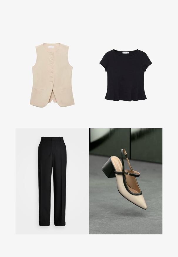 Vesta bej fără mâneci, cu croială dreaptă, închisă cu cinci nasturi, și două buzunare laterale. Material neted, cu textură minimă.; Top scurt din material moale, de culoare neagră, cu decolteu rotund și tiv evazat, având detalii discrete de cusătură.; Polo Ralph Lauren HIGH RISE RELAXED STRAIGHT TROUSER - Pantaloni - black; Pantof divers în nuanță bej, cu vârf ascuțit, curea de susținere în spate, cu margine neagră, cataramă aurie și toc gros pe un podea gri, cu un fundal verde închis.