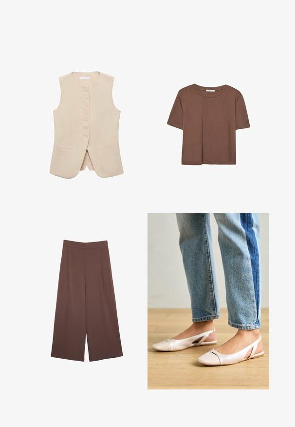Gilet beige senza maniche con taglio dritto, davanti a cinque bottoni e due tasche laterali. Tessuto liscio con texture minima.; Maglietta a maniche corte marrone realizzata in tessuto morbido, con scollatura rotonda e vestibilità rilassata. Nessun motivo o dettaglio visibile.; Pantaloni ampi marroni con una texture liscia, caratterizzati da una vita alta e pieghe frontali. Il tessuto è leggero e scorre liberamente.; Ballerine slingback rosa pallido con punta affusolata, realizzate in un materiale simile alla pelle liscio. Presentano dettagli a taglio sui lati e un tacco piatto.