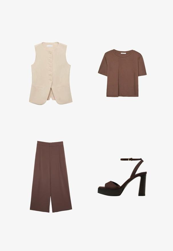 Gilet beige senza maniche con taglio dritto, davanti a cinque bottoni e due tasche laterali. Tessuto liscio con texture minima.; Maglietta a maniche corte marrone realizzata in tessuto morbido, con scollatura rotonda e vestibilità rilassata. Nessun motivo o dettaglio visibile.; Pantaloni ampi marroni con una texture liscia, caratterizzati da una vita alta e pieghe frontali. Il tessuto è leggero e scorre liberamente.; Sandal in camoscio marrone con tacco alto, punta aperta, cinturino alla caviglia regolabile e suola a piattaforma striata.