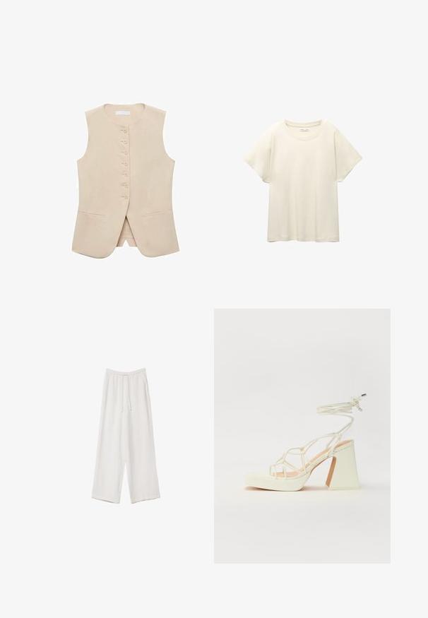 Beige ilmanhiha vest, jossa on suora leikkaus, viisi nappia edessä ja kaksi sivutaskua. Sileä kangas, jossa on minimaalinen tekstuuri.; Vaaleanbeige lyhythihainen t-paita, jossa on pyöreä kaula-aukko, valmistettu pehmeästä ja sileästä kankaasta. Ominaisuuksina rento mitta ja suora helma.; Valkoiset leveälahkeiset housut kevyestä kankaasta. Ominaisuuksiin kuuluu elastinen vyötärö, jossa on nauhakuuluma ja sivutaskut. Sileä rakenne.; Valkoinen korkokenkä, jossa on paksu korko, ja joka sisältää nauhakiinnityksen ja nilkkaketjun. Sujuva pinta, jossa on platform-etupohja lisäkorkeutta varten.