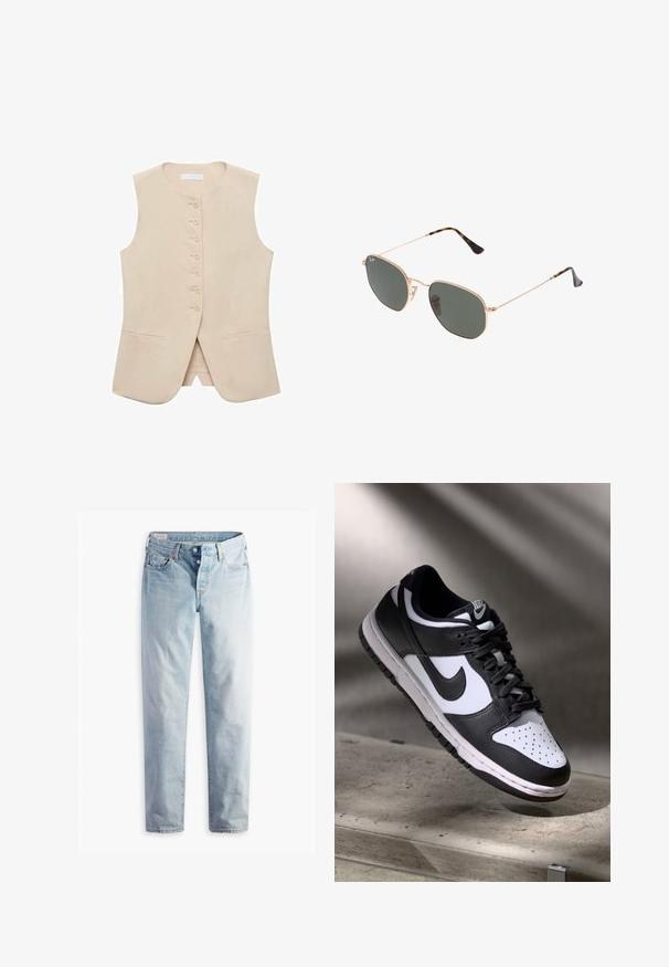 Beige ärmellose Weste mit geradem Schnitt, fünf Knöpfen vorne und zwei seitlichen Taschen. Glattes Material mit minimaler Struktur.; Weißes, kurzärmliges T-Shirt aus weicher Baumwolle mit rundem Ausschnitt und Raglanärmeln, das einen lockeren, geraden Schnitt ohne Muster aufweist.; Hellblaue Jeans aus Denim mit geradem Bein, zwei Fronttaschen und zwei Gesäßtaschen. Enthält einen Zwei-Knopf-Reißverschluss und dezente Nähte.; Schwarz-weißer Nike Dunk Low Sneaker mit Lederobermaterial, perforiertem Zehenbereich und schwarzen Schnürsenkeln, ausgestattet mit einer weißen Sohle und Logo-Akzenten.; Goldfarbene Metallrahmen-Sonnenbrillen mit dunkelgrünen Gläsern im Pilotenstil, mit schlanken Bügeln und Schildpatt-Akzenten an den Spitzen.