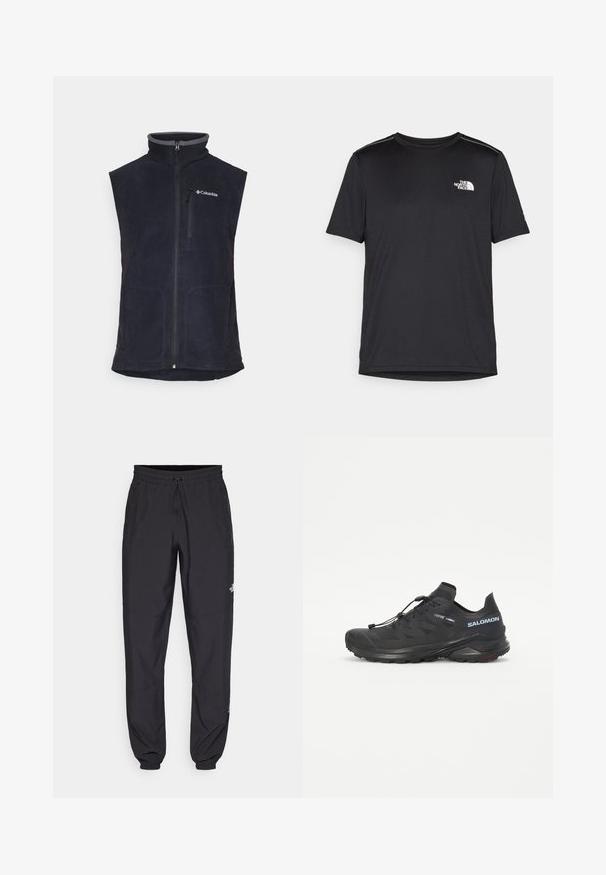 Tumesinine fliissvest kõrge kraega, esimeetõmblus ja kaks küljetaskut. Krael ja vasakul rinnal on hall aksent.; Must mustaöödiga must T-särk, mis on valmistatud kerge riidekanga. Esiküljel on vasakul rinnal väike valge logo ning õlgadel on peened aktsendid.; Mustavad sportlikud püksid, mis on valmistatud kergest kangast, joonlauaga taljest, küljetaskudega ja kitsenevate varrukatega pahkluude juures.; Must Black trail running shoe, mille tekstuuriga ülemine osa, elastsed paelad ja Contagrip väliskülg. Omab tihedat istumist ja kaitsvat varbakatet.