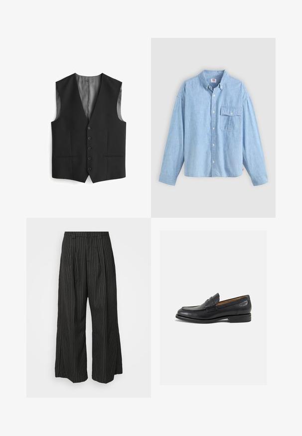 Gilet noir avec un décolleté en V, fermeture à cinq boutons, deux poches latérales et doublure en satin au dos. Texture de tissu lisse.; Chemise bleu clair à manches longues en tissu chambray. Elle présente un col, des manches longues, et une poche poitrine avec rabat et bouton.; Pantalons larges noir à rayures avec plis, présentant un design ajusté et une texture douce. Pas de matériel ou d'accents visibles.; Mocassins en cuir noir avec une finition lisse, bout rond et coutures décoratives sur la tige. Talon bas empilé et léger brillant.