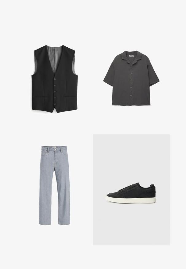Czarna kamizelka z dekoltem w serek, zapięciem na pięć guzików, dwoma kieszeniami z boku oraz satynową podszewką na plecach. Gładka tekstura materiału.; Koszula z krótkim rękawem, zapinana na guziki, w ciemnoszarym materiale. Posiada kołnierz typu camp, prosty krój i subtelną teksturę. Pięć guzików z przodu.; Jasnoniebieskie dżinsy o luźnym kroju, prostych nogawkach, widocznym szwie, dwóch przednich kieszeniach i zapięciu na guzik.; Czarne sneakersy z teksturowaną cholewą, płaską białą gumową podeszwą i tonowymi sznurowadłami. Posiadają zaokrąglony nos i minimalistyczny design.