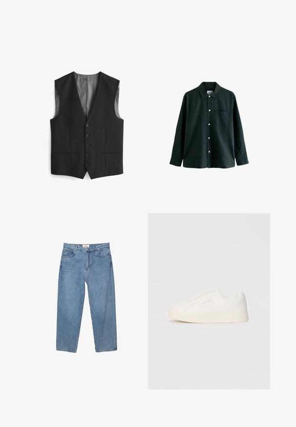 Fekete mellény, V kivágással, öt gombbal zárható, két oldalsó zsebbel és selyemfényű béléssel a hátsó részen. Sima textúrájú anyag.; Sötétzöld gombos ing, gallérral, hosszú ujjú, egyetlen mellzsebbel; fehér gombokkal és puha tapintással rendelkezik.; Világoskék farmernadrág, egyenes szárú fazonnal, öt zsebes kialakítással és látható márkás címkével a derekán.; Fehér slip-on sportcipők texturált felülettel, vastag talppal és minimalista dizájnnal. Az oldalon a márka logója található.