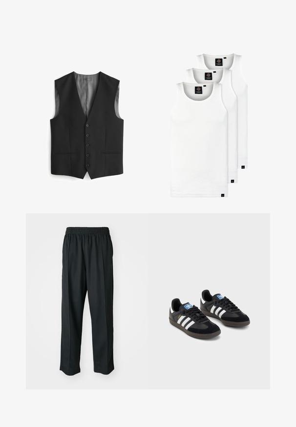 Svart väst med v-ringning, fem knappstängningar, två sidofickor och satinfinish på baksidan. Slätt tyg med en mjuk textur.; Tre vita ribbade linnen i bomull. Har rund halsringning och små svarta etiketter vid fållen. Finns i flera storlekar.; Svarta träningstights med elastisk midja, tillverkade av mjukt tyg, med subtila sidstygn och en avslappnad passform, rak bensdesign.; Svarta sneakers med övre del av mocka och syntetmaterial, med tre vita ränder, texturerad gummisula och blå logotags på tungan.