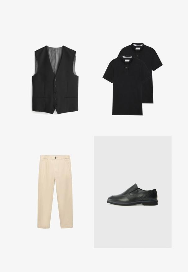 Crni prsluk s V-izrezom, zatvaranje na pet dugmadi, dva bočna džepa i podstava od satena na leđima. Glatka tekstura tkanine.; Dva crna polo majice, kratki rukavi, pamučni materijal, sa klasičnom ovratnikom, čepom sa dva gumba i bijelim prugastim detaljima unutar ovratnika.; Bež hlače od mekane tkanine; imaju elastičnu sredinu, prednje džepove i ravne nogavice.; Crne kožne cipele na sklapanje s glatkom gornjom površinom, prošivenim detaljima, zaobljenim vrhom i niskim gumene potplate. Potplat ima minimalne uzorke.