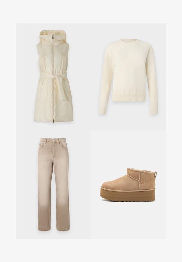 Pohodlný bezrukávový kabát v svetlej krémovej farbe s vysokým golierom, zipsovým zapínaním a látkovým opaskom v páse; obsahuje jemné embosované vzory.; Svetlý krémový sveter s dlhými rukávmi, okrúhlym výstrihom a rebrovaným spodným okrajom. Vyrobený z mäkkého materiálu s hladkou štruktúrou.; Béžové riflové nohavice s jemne vyblednutým efektom, rovný strih, pät pocket štýl a kovové gombíkové zapínanie v páse.; Béžové semišové členkové topánky s mäkkým interiérom, vybavené platformovou podrážkou a malým úchytom na zadnej strane pre jednoduché obúvanie. Textúrovaná gumová podrážka.